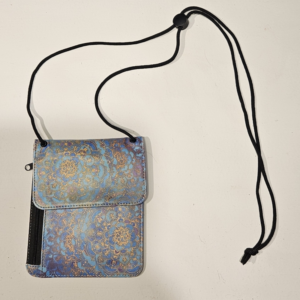 RFID-Blocking Crossbody Passport & Travel Pouch Blue Gold Floral Design